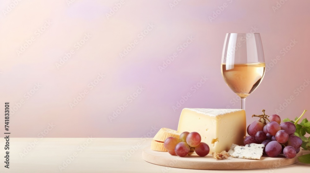 A serene composition featuring a glass of white wine, assorted cheeses, and grapes on a wooden board with a soft backdrop