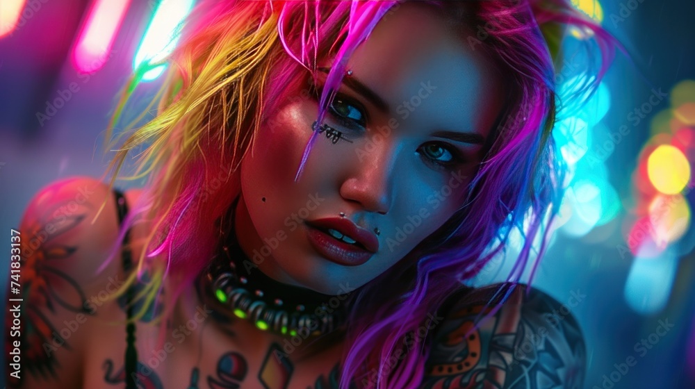 Punk style woman's face model with colorful hair with tattoo wallpaper AI generated image Punk style woman's face model with colorful hair with tattoo wallpaper AI generated image
