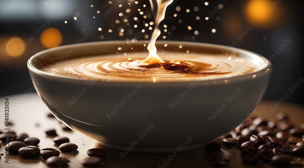 Aromatic coffee splashing in a Cappuccino cup. Created with Generative AI technology - obrazy, fototapety, plakaty 