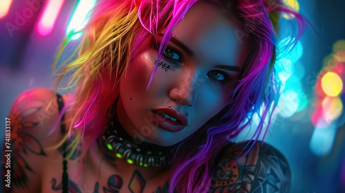Punk style woman's face model with colorful hair with tattoo wallpaper AI generated image