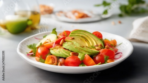Fresh avocado salad with tomatoes  greens  and nuts  a healthy and vibrant dish.