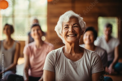 Portrait of a smiling senior woman in yoga class © Geber86