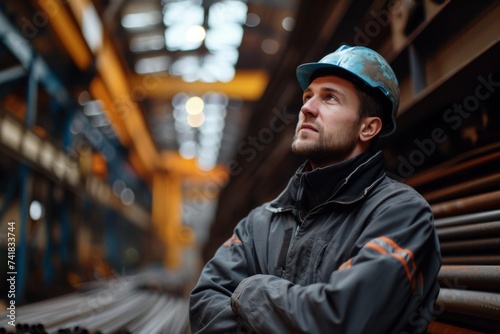 Thoughtful male engineer in hardhat standing in an industrial setting with steel rods