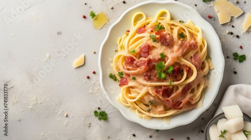 Freshly prepared fettuccine pasta with creamy tomato sauce, garnished with herbs and bacon, on a white dish