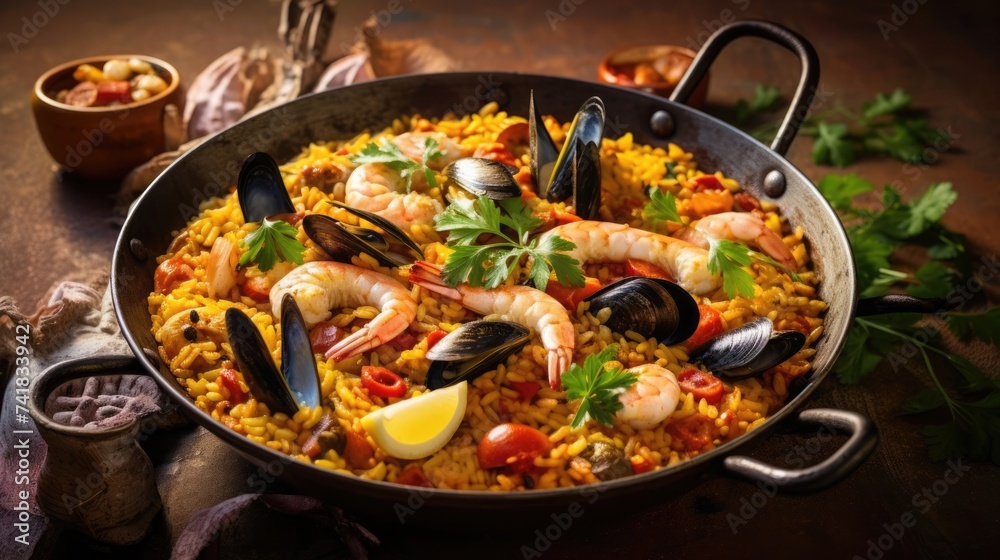 Savory seafood paella garnished with lemon and parsley, served in a rustic pan, perfect for a hearty meal