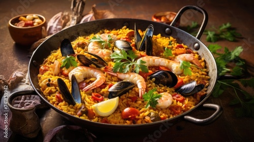 Savory seafood paella garnished with lemon and parsley, served in a rustic pan, perfect for a hearty meal