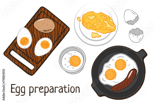 Different Egg dishes with frying pan, fried, cocotte, boiled, scramble eggs.  doodle cartoon style illustration for greeting card, poster, sticker, t-shirt print, menu, cookbook, recipe design