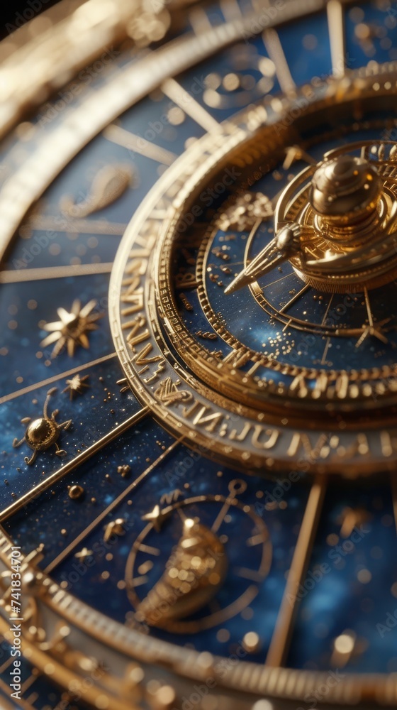 Detailed view of a elegant gold and blue astrology clock, showcasing intricate design and Roman numerals
