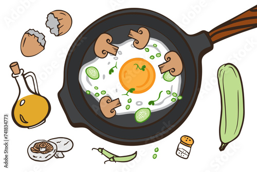 fried egg recipe with frying pan, mushrooms, zukkini, oil, salt. breakfast doodle cartoon style for greeting card, poster, sticker, t-shirt print, menu, cookbook design