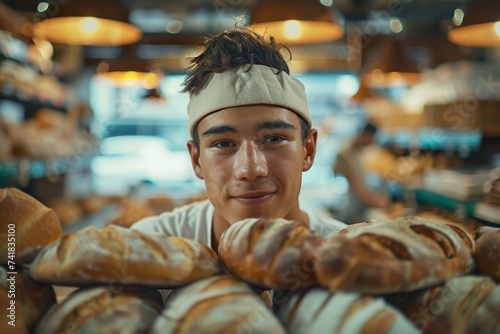 A man stands in front of a large assortment of bread loaves at a bakery