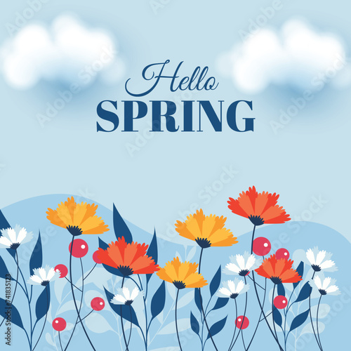 Colorful Floral Hello Spring Background With Clouds Illustration