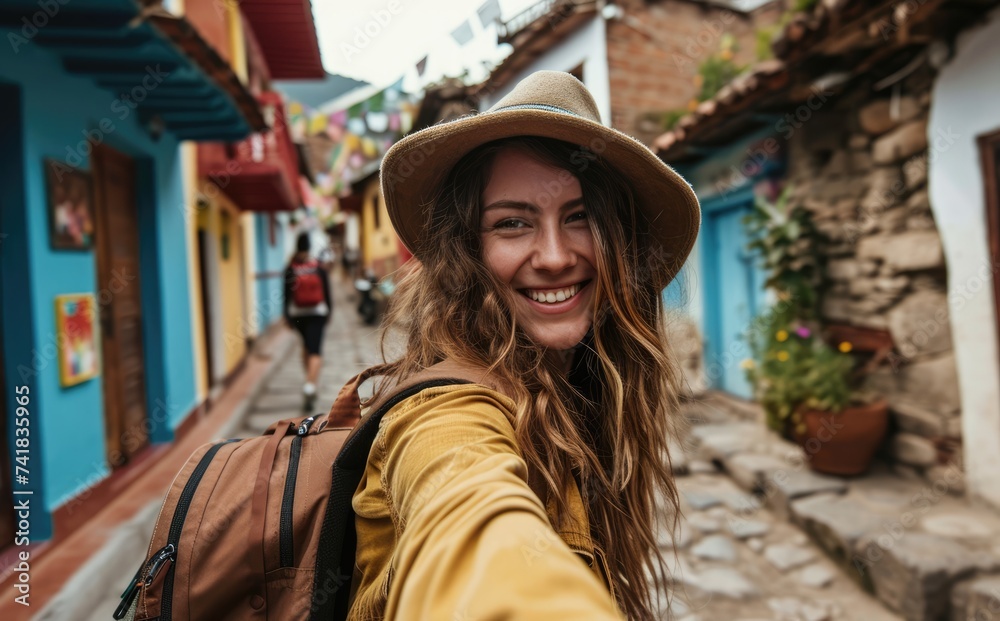 Street Style Tour in Kalagan: Influencer Woman Embarks on a Trendy Exploration, Capturing Selfies Amidst Urban Streets to Share with Followers.