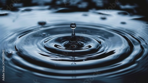 A single drop of water falling into a body of water, creating ripples and submerging into the liquid