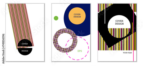 Geometric cover design, set of 3 covers. Abstract unusual background in Memphis style. Bright geometric shapes in random order