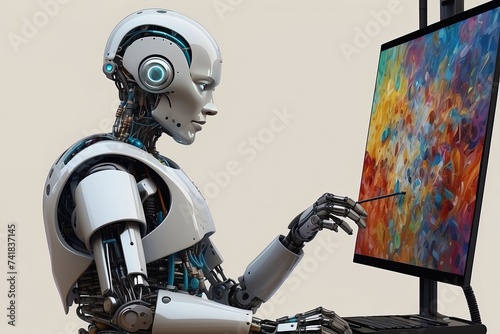A robot with artificial intelligence creates an abstraction on a graphics tablet. Concept of creation by artificial intelligence. © svdolgov