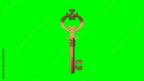 3D gold key. gold key on a green screen chroma key. 360-degree rotation. Loop video. 4K