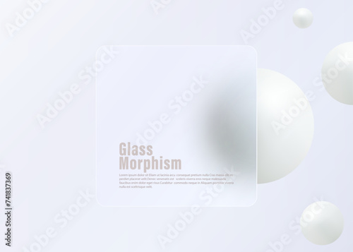 Glass morphism landing page with square frame. Vector illustration with blurry floating spheres in white.
