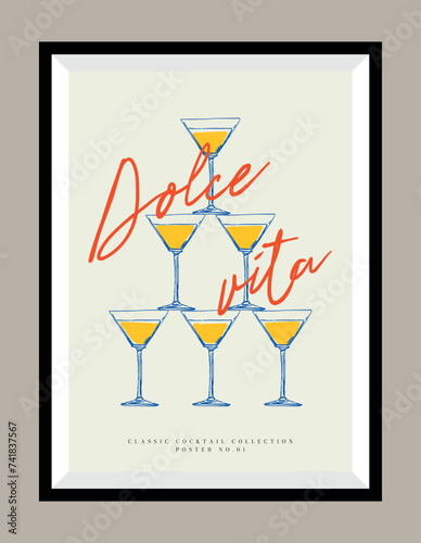 Champagne illustration in a poster frame. Doodle style. Hand drawn minimal design for wallpaper, wall decor, print, postcard, cover, template, banner.