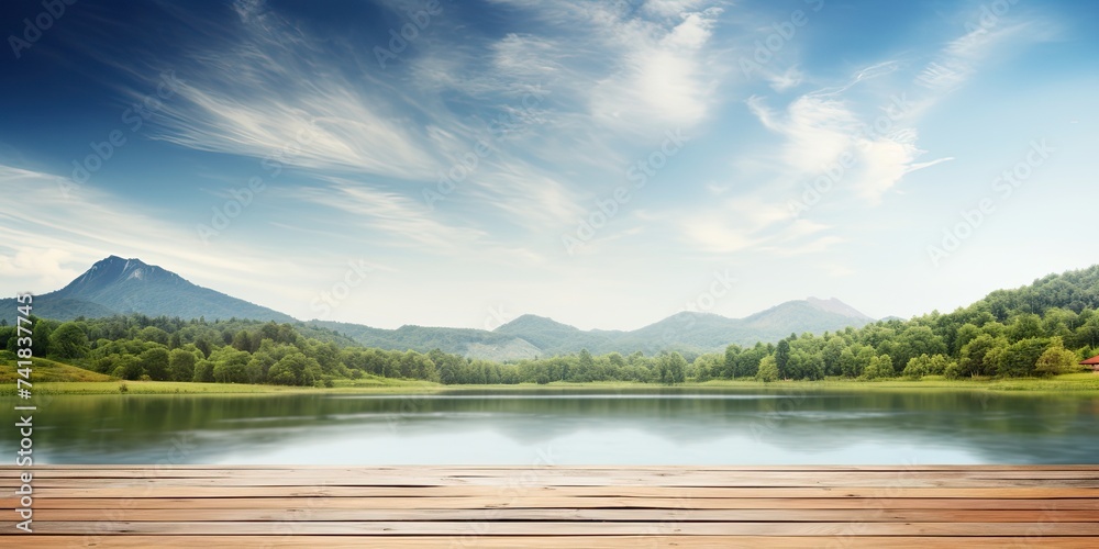 Wooden table top surface with mountain lake water and cloud sky background panorama. Wooden table top surface with mountain lake water and cloud sky background panorama.