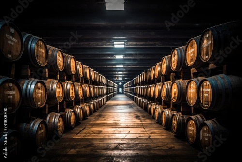 Whiskey or wine barrels in a dark cellar