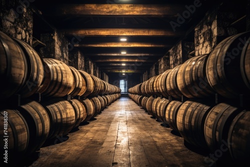 Whiskey or wine barrels in a dark cellar