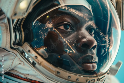 portrait of a young Black male astronaut during a spacewalk, the Earth's curvature visible in his visor's reflection