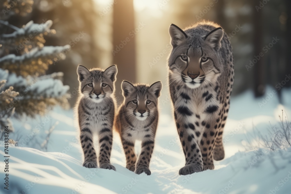 Bobcat, Eurasian lynx with cubs walking through forest. Endangered species. Majestic wildlife. 