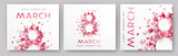 Women's Day greeting card or banner set with pink cut eight number and flying paper hearts. Vector 8 March international holiday templates for poster, cover, label, sales