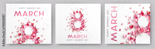 Women's Day greeting card or banner set with pink cut eight number and flying paper hearts. Vector 8 March international holiday templates for poster, cover, label, sales photo