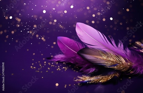 Purple and gold feathers set against a purple background.