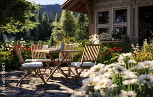 beautiful backyard background with table and chairs