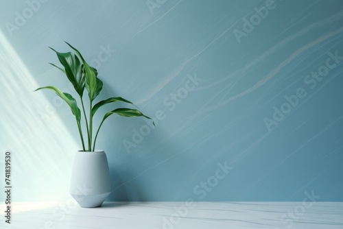 a light blue wall with a green plant in a vase