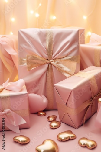 pink wrapping gifts, hearts and gold ribbons on pink background