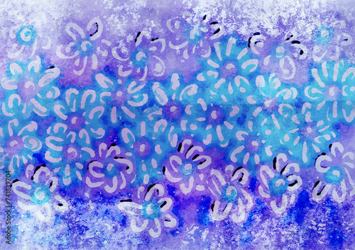 Foto blue and purple graffiti grunge floral wall illustration, spray painted, dirty w