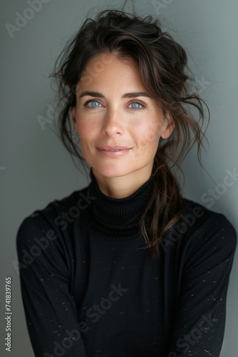 portrait studio d'une femme brune aux yeux bleu de 40 ans souriante et épanouie photo