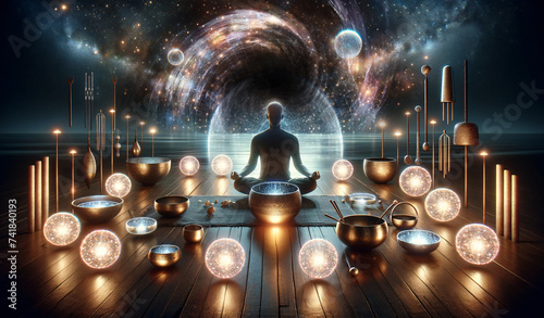 Sound healing in a serene and mystical atmosphere. Person sitting in a meditative yoga pose, surrounded with singing bowls and bells.