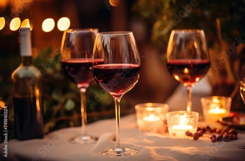 several glasses of red wine and candle lit on a holiday table