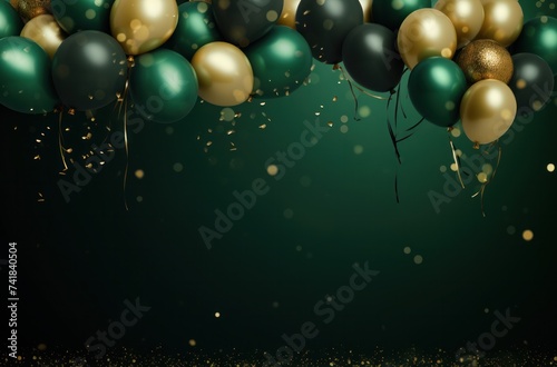 green background with green and gold balloons and confetti