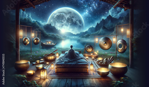 Sound healing in a serene and mystical atmosphere. Person sitting in a meditative yoga pose, surrounded with singing bowls, candles and bells.