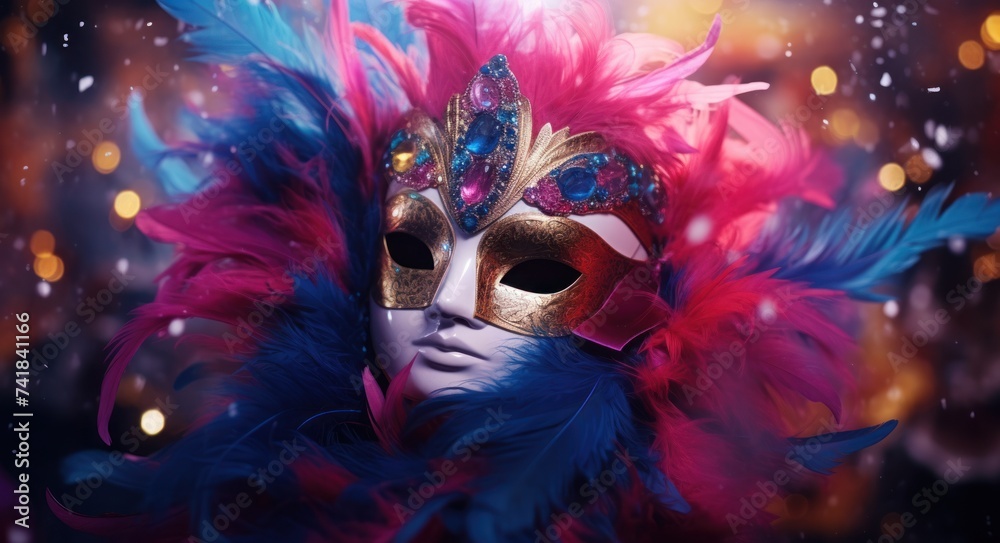 a colorful mask with feathers on it