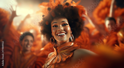 a woman in orange standing up and dancing with a group of others