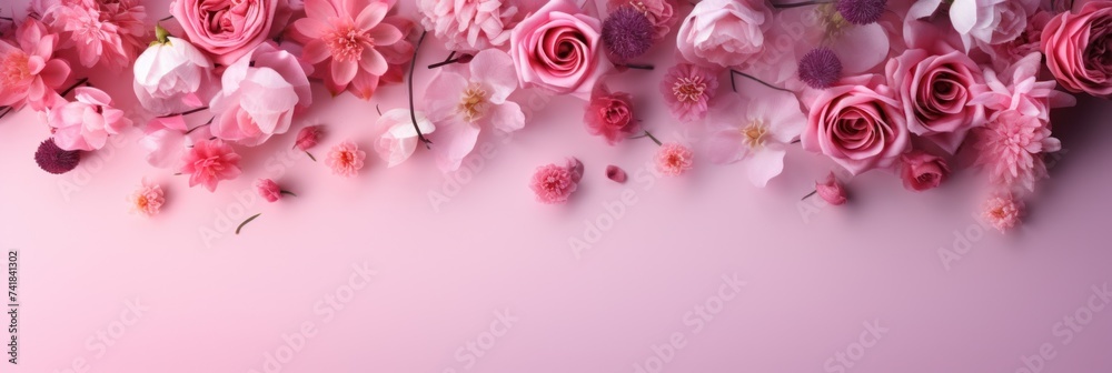 with a pink background, flowers are scattered across the place with a pink background, flowers are scattered across the place