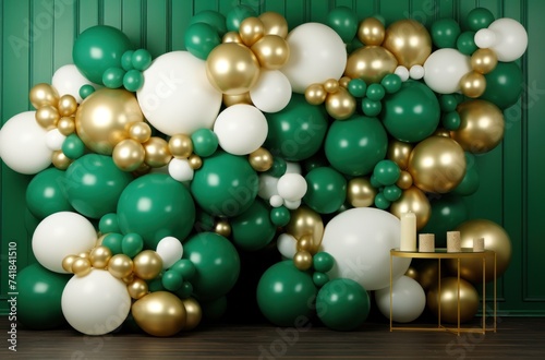 an arrangement of green and gold balloons over a green background