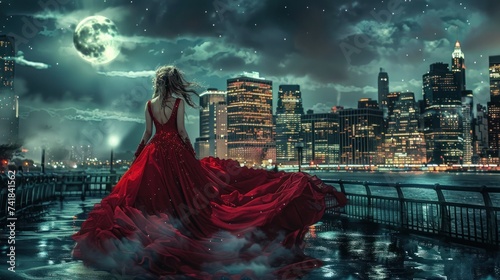 Woman in mysterious red dress is looking at modern city AI generated image