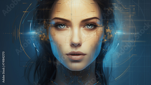 Golden ratio female, blueprint, face and abstract lines photo