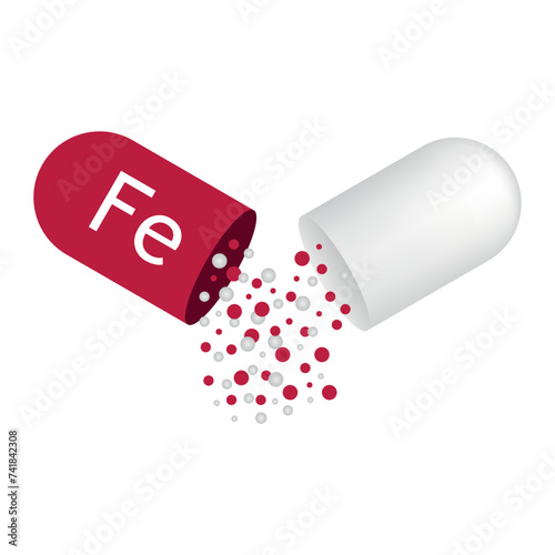Fe mineral for medical design. Mineral red pill icon. Vector stock illustration
