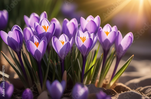 lilac crocus flowers in the spring in the sun © iredman