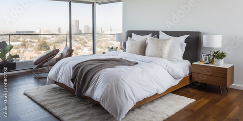 Luxurious bedroom with a sleek design featuring clean lines and minimalist decor, Cozy Modern Bedroom Interior Design 