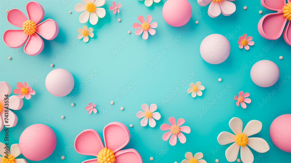 Pastel pink and white chamomiles and spheres on a blue background. Concept of playful and vibrant spring decor, Easter, Birthday, Mother's Day. Spring and summer background with copy space. Flat lay Pastel pink and white chamomiles and spheres on a blue background. Concept of playful and vibrant spring decor, Easter, Birthday, Mother's Day. Spring and summer background with copy space. Flat lay