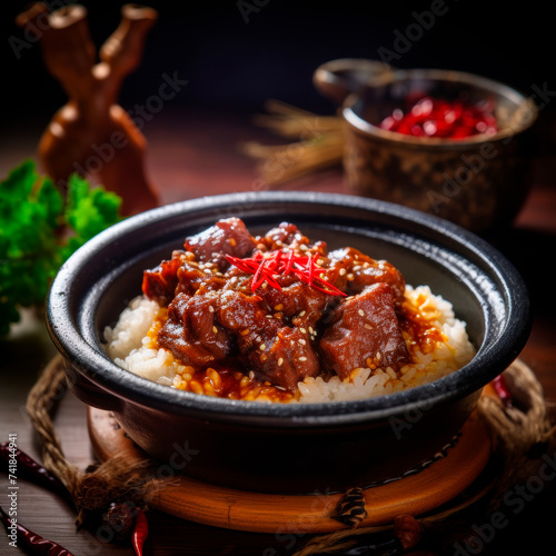 Spicy Mao pork stewed in rice wine and rice sauce with ginger, chili, star anise photo